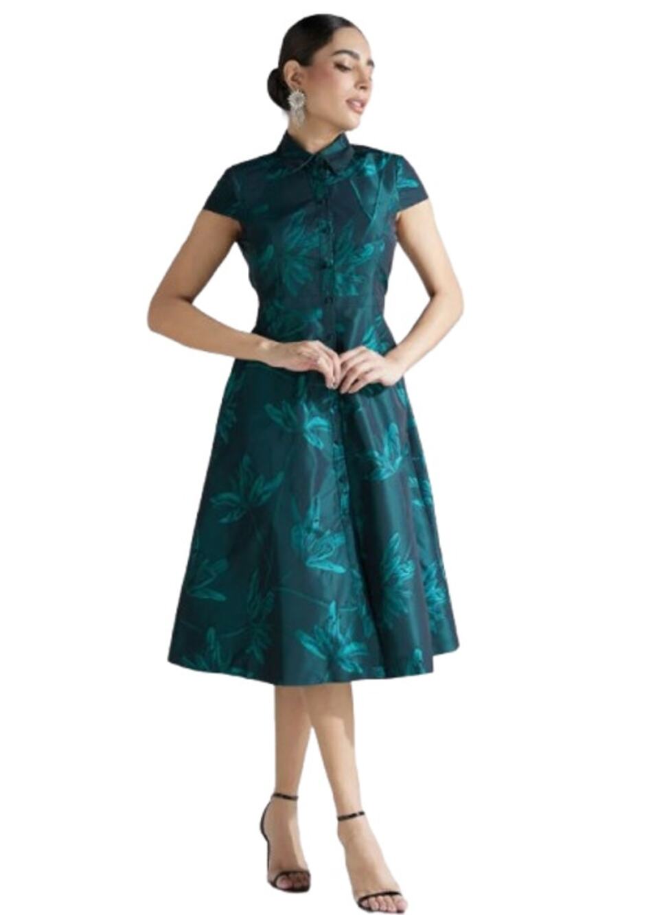 AIDAN BY AIDAN MATTOX Floral Jacquard Midi Dress Size 2 Green Cap Sleeve NWT